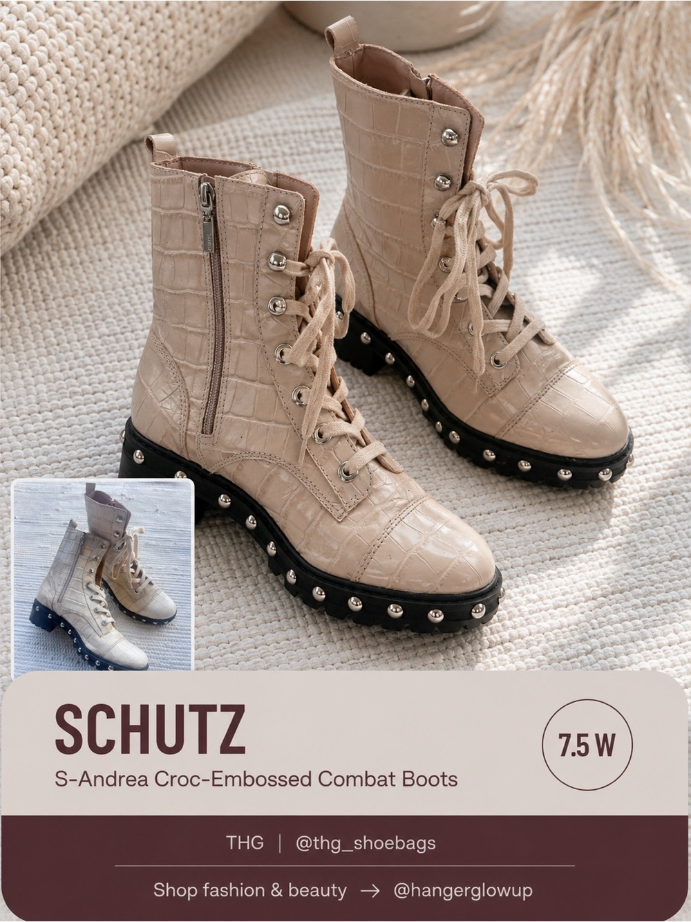 RV: $238 Schutz Cream Croc Embossed Studded Lace Up Combat Boots NWOB